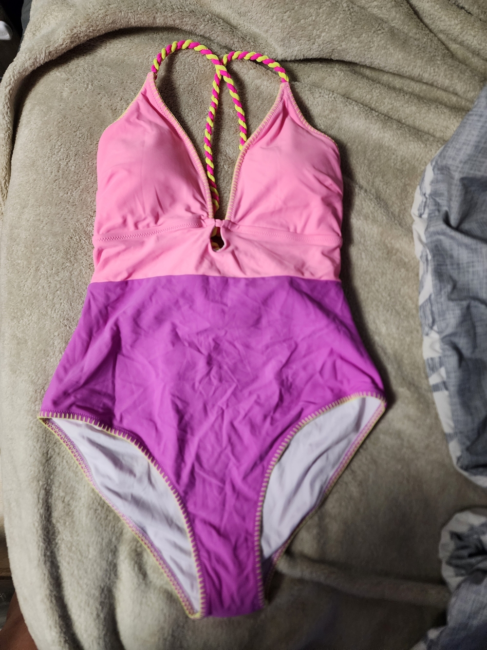 Colorblock Pink and Purple One-Piece Swimsuit with Braided Straps Large NWT